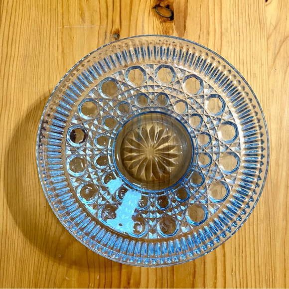 Vintage 70s Blue Glass Bowl Federal Glass Windsor Button and Cane 7.5” - Picture 6 of 7